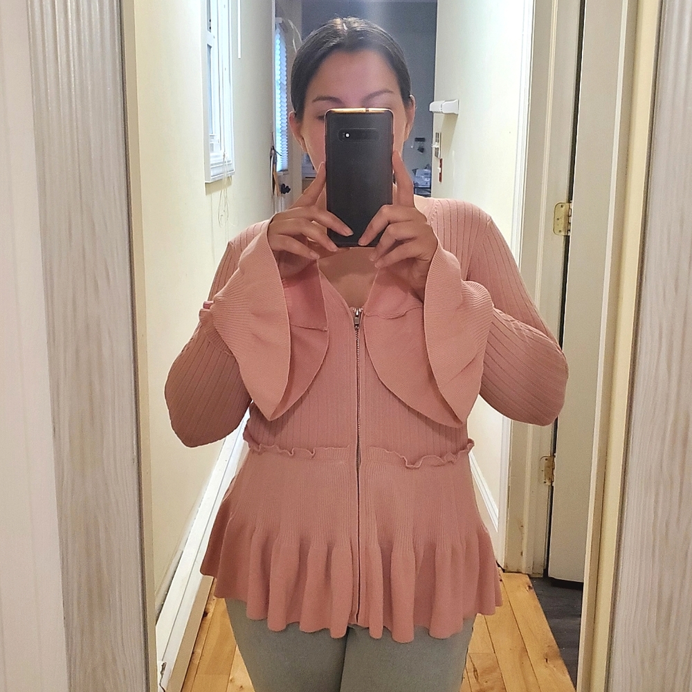 Boston Proper XS Pink Ribbed Knit Ruffled Peplum Zipper Front Cardigan